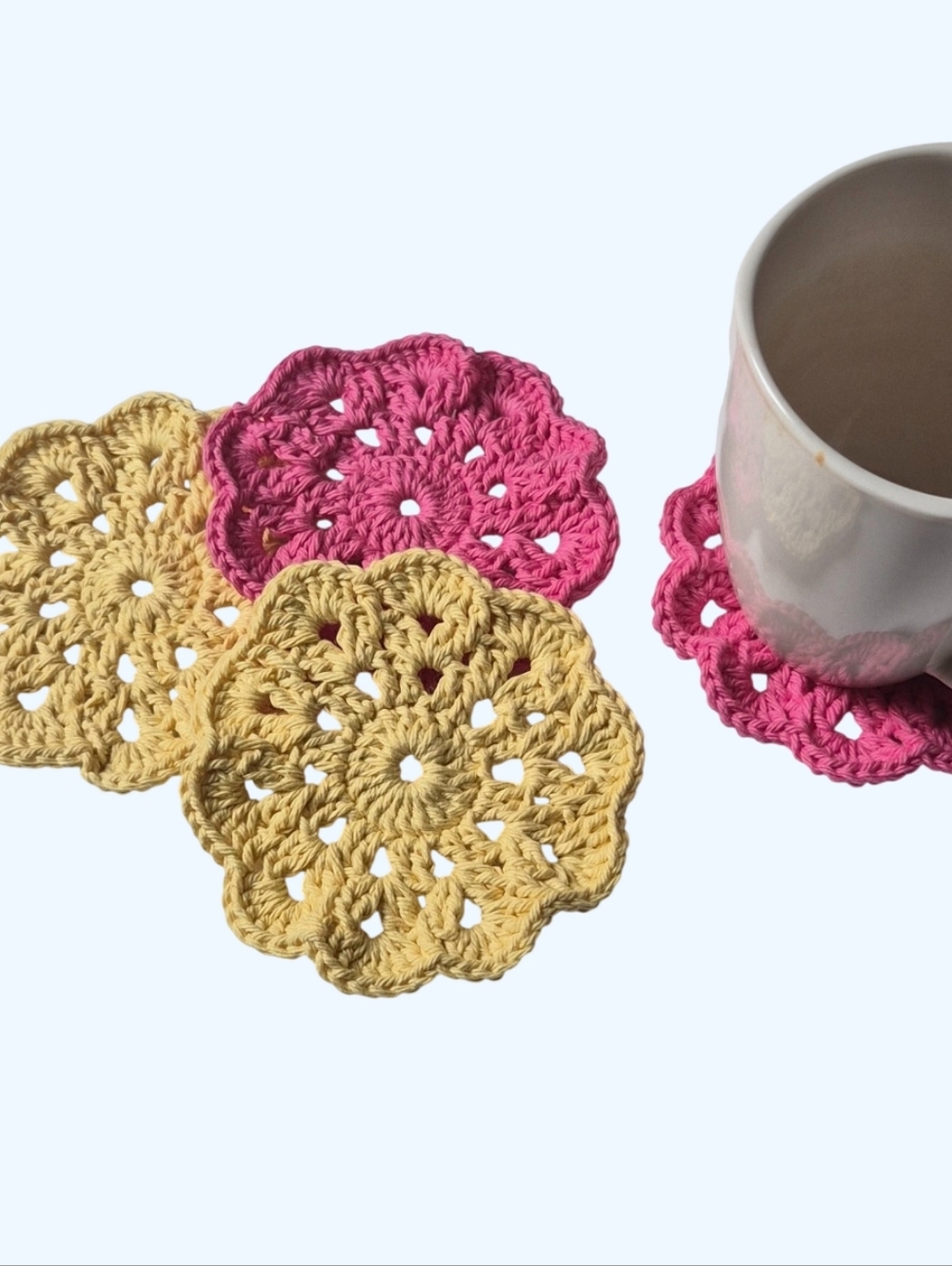 Ecofriendly Cotton Spring Flower Coaster Set of 4-Handmade Crocheted- Yellow and